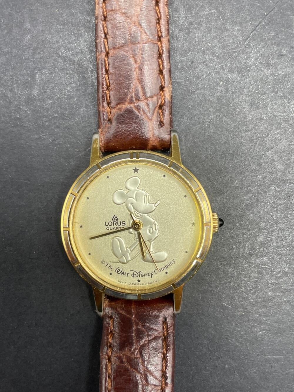 Vintage Disney Lorus Mickey Mouse Watch Gold Tone Brown Leather Band 26mm